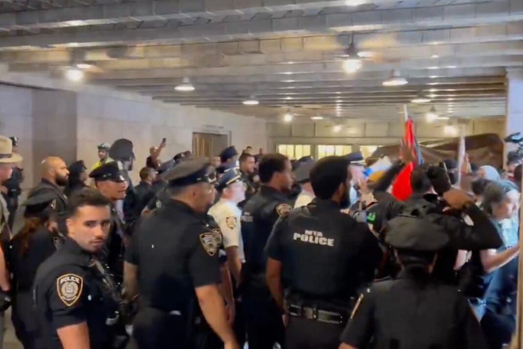 Una turba de manifestantes antiisraelíes se enfrenta a la policía tras intentar asaltar la Grand Central Terminal Una turba de manifestantes antiisraelíes se enfrenta a la policía tras intentar asaltar la Grand Central Terminal
