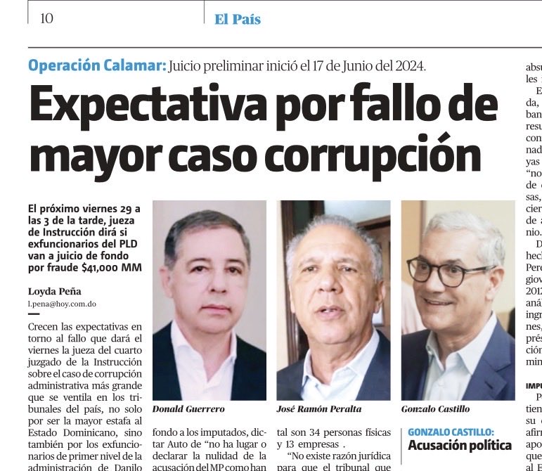 Este viernes juez decidirá si envía a juicio de fondo a los exministros Donald Guerrero, José Ramón Peralta y Gonzalo Castillo, junto a otros acusados de corrupción Este viernes juez decidirá si envía a juicio de fondo a los exministros Donald Guerrero, José Ramón Peralta y Gonzalo Castillo, junto a otros acusados de corrupción